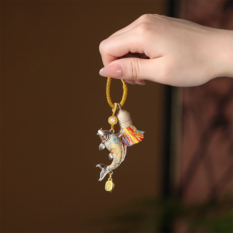 Buddha Stones Sleutelhanger met Song Brocade Koi-vis en symbool voor voorspoed - Goud - image 4