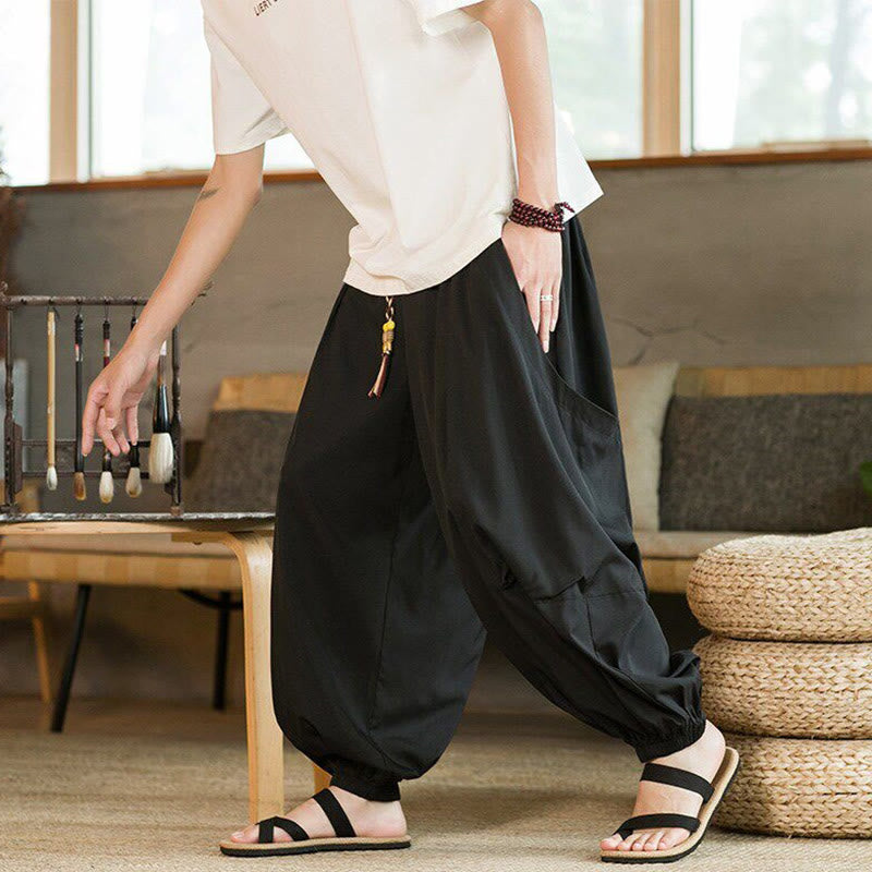 Buddha Stones Zomerse casual vintage broek met trekkoord, effen , Enkellengte , harembroek voor heren met Zakken - Zwart - US/UK/AU46, EU56 (5XL) - image 0