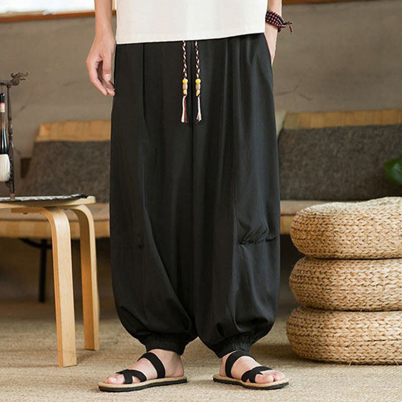 Buddha Stones Zomerse casual vintage broek met trekkoord, effen , Enkellengte , harembroek voor heren met Zakken - image 1