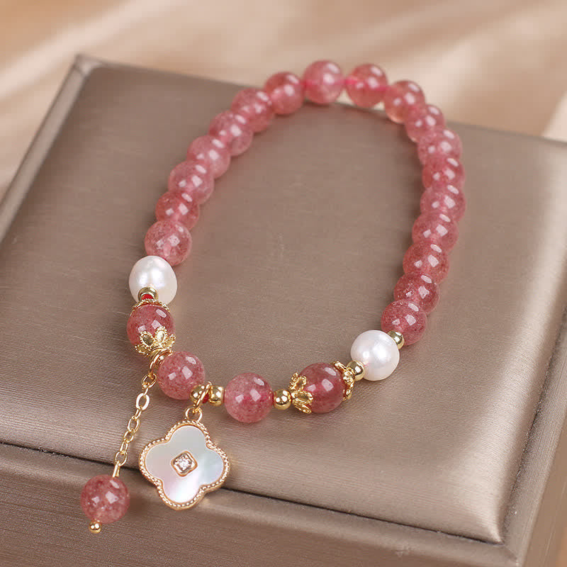 Buddha Stones Ronde Armband met aardbeikwarts, parelschelp en klavertje vier. - image 7