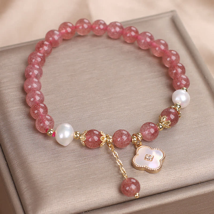Buddha Stones Ronde Armband met aardbeikwarts, parelschelp en klavertje vier. - image 8