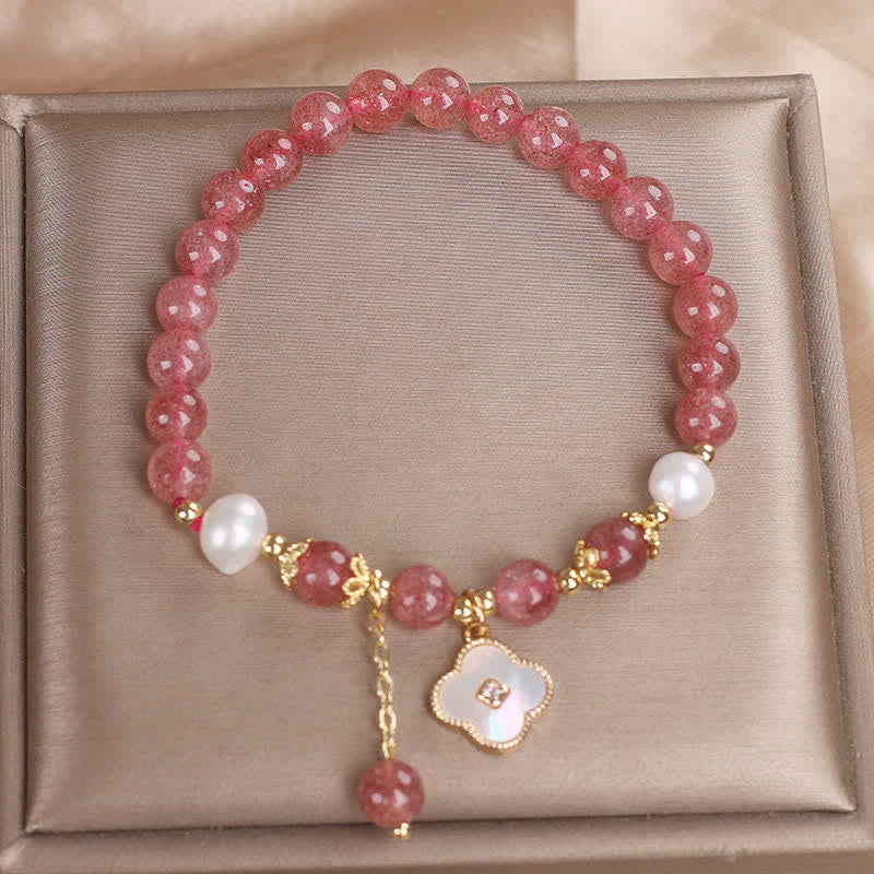 Buddha Stones Ronde Armband met aardbeikwarts, parelschelp en klavertje vier. - image 9