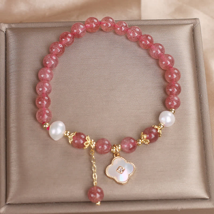 Buddha Stones Ronde Armband met aardbeikwarts, parelschelp en klavertje vier. - image 9