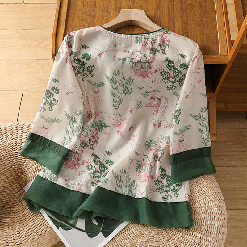 Buddha Stones Zomerse Tang Style T-shirts met kikkerknopen en bloemenprint, tot de elleboog. Overhemden met Mouw tot de elleboog. - image 1