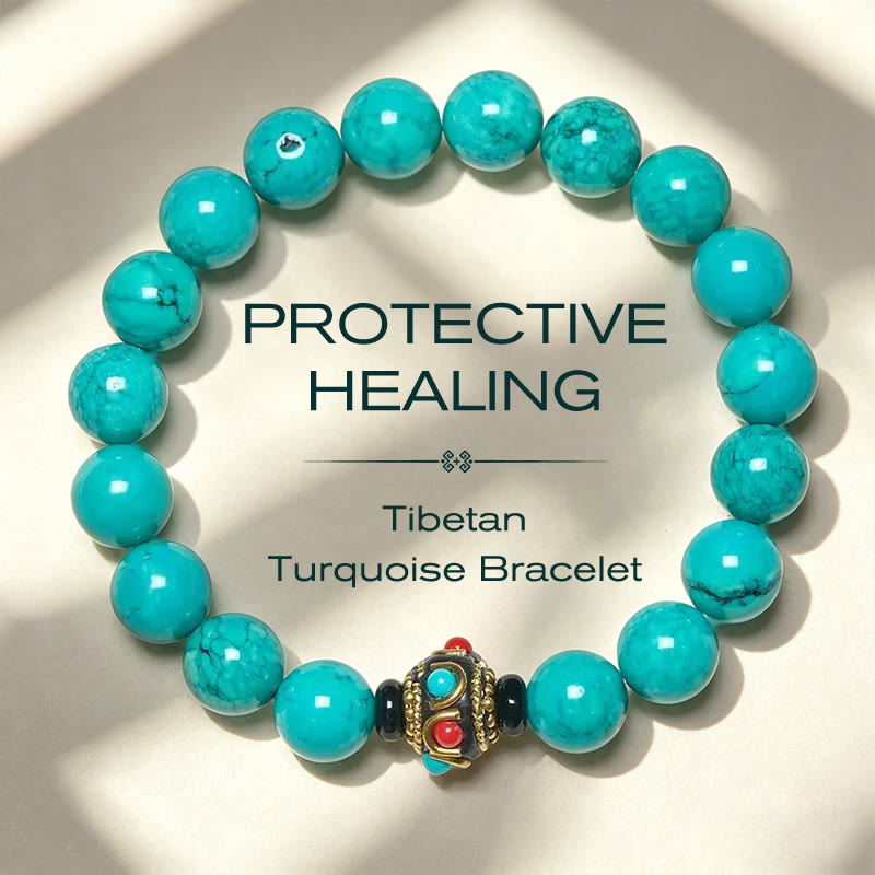 Buddha Stones Tibetaanse turkooizen Armband - Turkooizen tussenkraal (Polsomtrek: 16-17 cm) - image 0