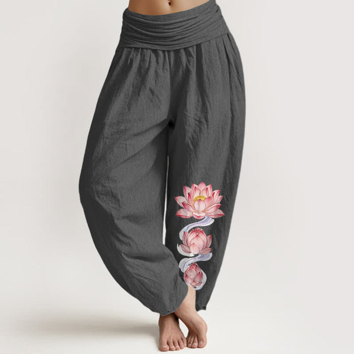 Buddha Stones Harembroek voor dames met elastische Taille en roze lotusprint van 100% Cotton - Donkergrijs - US16, UK/AU20, EU48 (3XL) - image 8