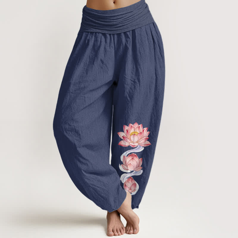 Buddha Stones Harembroek voor dames met elastische Taille en roze lotusprint van 100% Cotton - Donker leisteenblauw - US16, UK/AU20, EU48 (3XL) - image 5