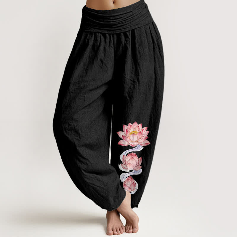 Buddha Stones Harembroek voor dames met elastische Taille en roze lotusprint van 100% Cotton - Zwart - US16, UK/AU20, EU48 (3XL) - image 0