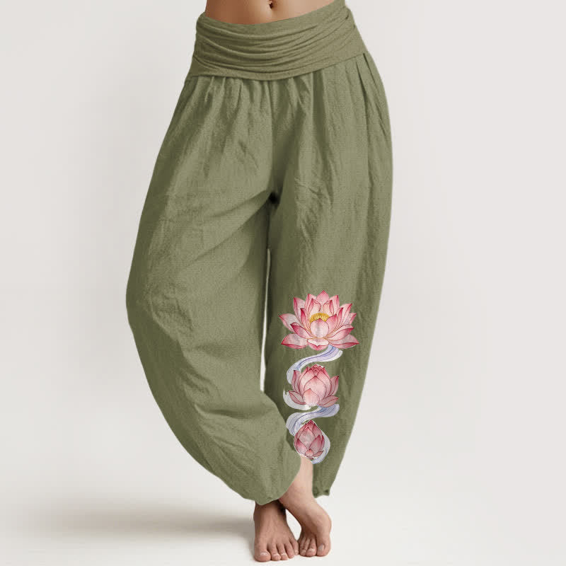 Buddha Stones Harembroek voor dames met elastische Taille en roze lotusprint van 100% Cotton - Olijfgroen - US16, UK/AU20, EU48 (3XL) - image 14