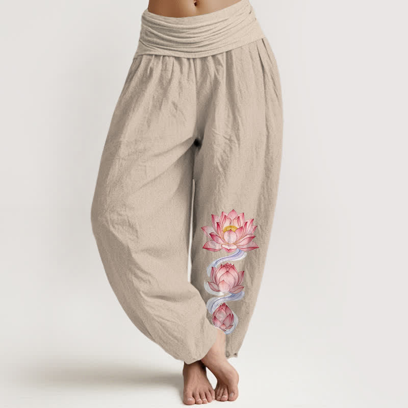 Buddha Stones Harembroek voor dames met elastische Taille en roze lotusprint van 100% Cotton - Linnen - US16, UK/AU20, EU48 (3XL) - image 11