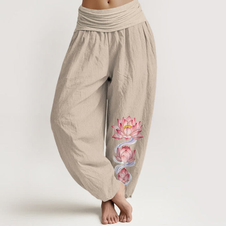 Buddha Stones Harembroek voor dames met elastische Taille en roze lotusprint van 100% Cotton - Linnen - US16, UK/AU20, EU48 (3XL) - image 11