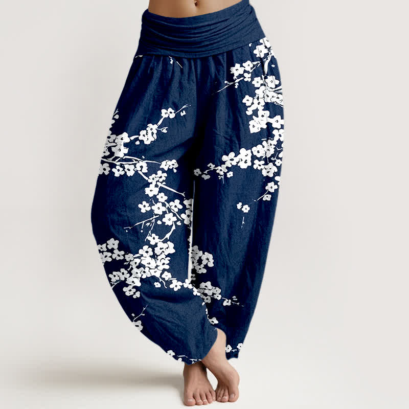Buddha Stones Harembroek voor dames met elastische Taille van 100% Cotton , wit met bloesem en takkenpatroon. - Marine - US16, UK/AU20, EU48 (3XL) - image 0