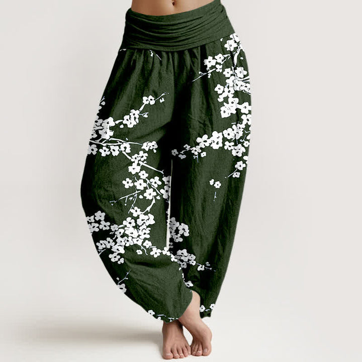 Buddha Stones Harembroek voor dames met elastische Taille van 100% Cotton , wit met bloesem en takkenpatroon. - Donkergroen - US16, UK/AU20, EU48 (3XL) - image 5