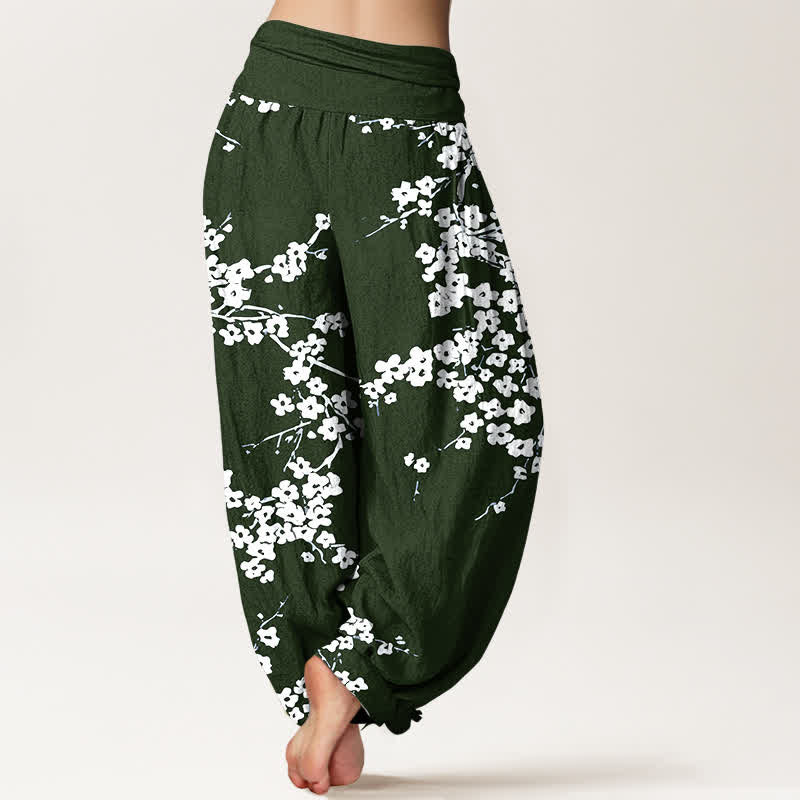 Buddha Stones Harembroek voor dames met elastische Taille van 100% Cotton , wit met bloesem en takkenpatroon. - image 6