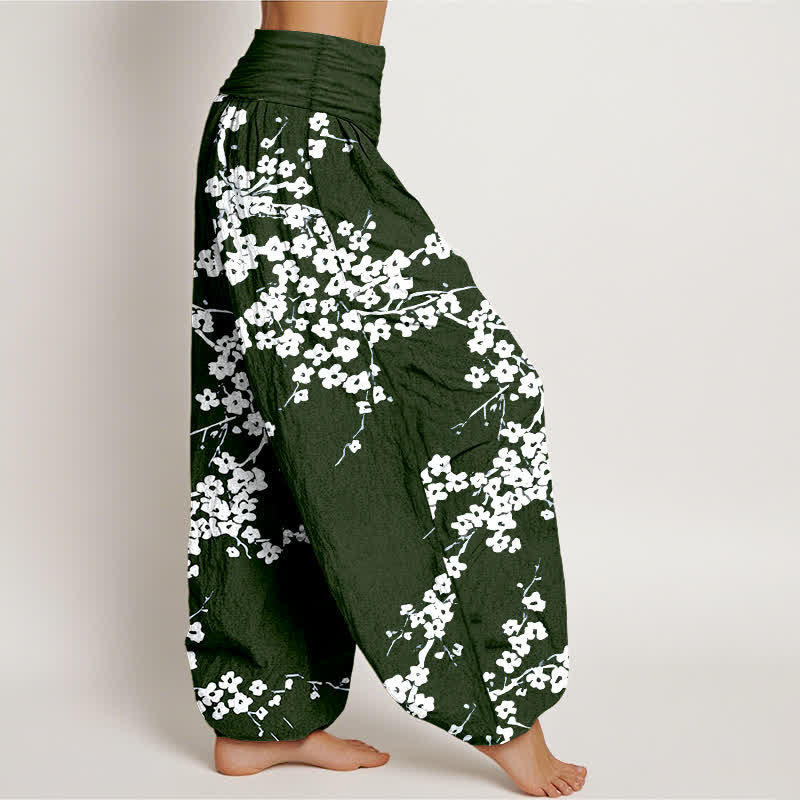 Buddha Stones Harembroek voor dames met elastische Taille van 100% Cotton , wit met bloesem en takkenpatroon. - image 7