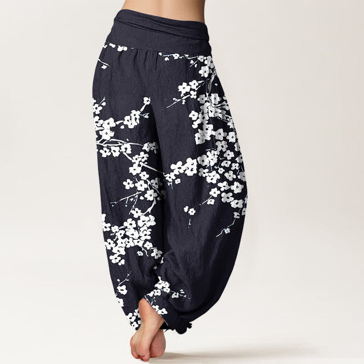 Buddha Stones Harembroek voor dames met elastische Taille van 100% Cotton , wit met bloesem en takkenpatroon. - image 9