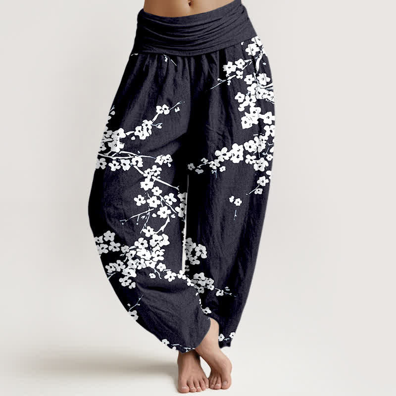 Buddha Stones Harembroek voor dames met elastische Taille van 100% Cotton , wit met bloesem en takkenpatroon. - Zwart - US16, UK/AU20, EU48 (3XL) - image 8