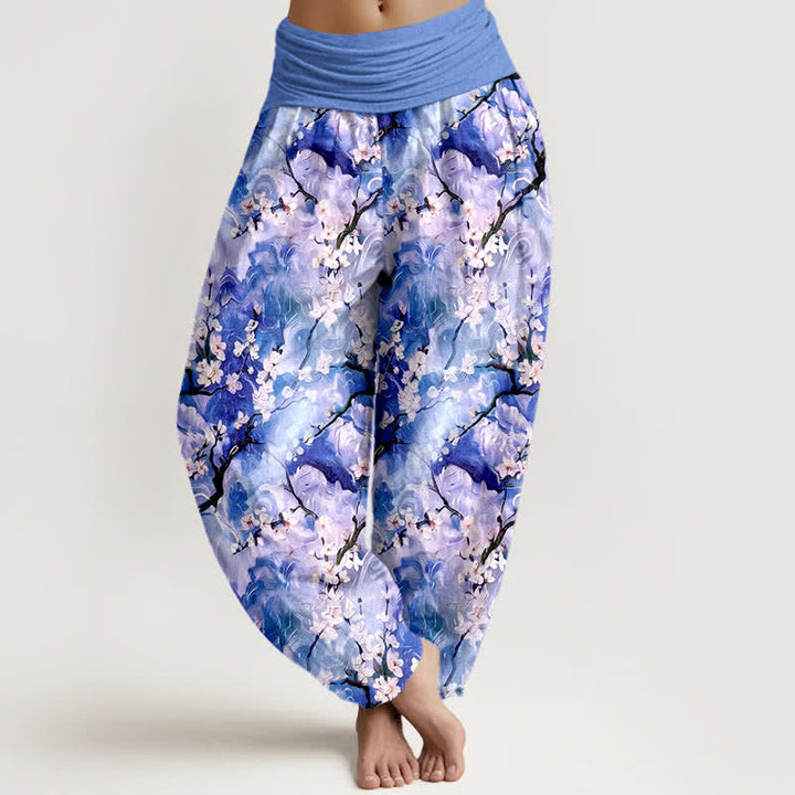 Buddha Stones Harembroek voor dames van 100% Cotton met aquarel bloemenpatroon en elastische Taille - Middelblauw - US16, UK/AU20, EU48 (3XL) - image 0