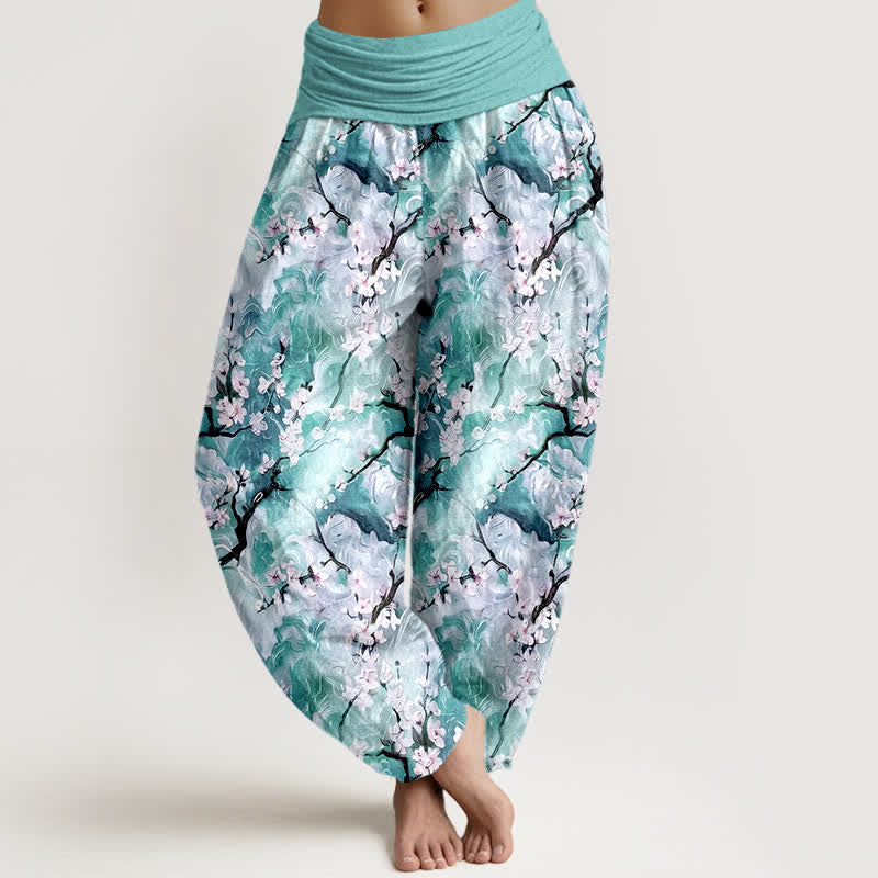 Buddha Stones Harembroek voor dames van 100% Cotton met aquarel bloemenpatroon en elastische Taille - Turkoois - US16, UK/AU20, EU48 (3XL) - image 5