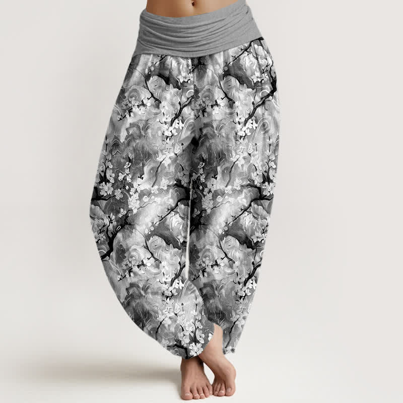 Buddha Stones Harembroek voor dames van 100% Cotton met aquarel bloemenpatroon en elastische Taille - Grijs - US16, UK/AU20, EU48 (3XL) - image 8
