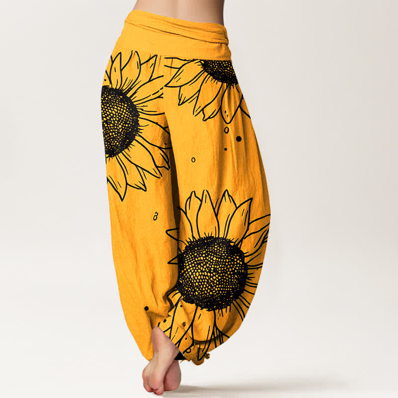 Buddha Stones Harembroek voor dames met elastische Taille en zonnebloemprint van 100% Cotton - image 1