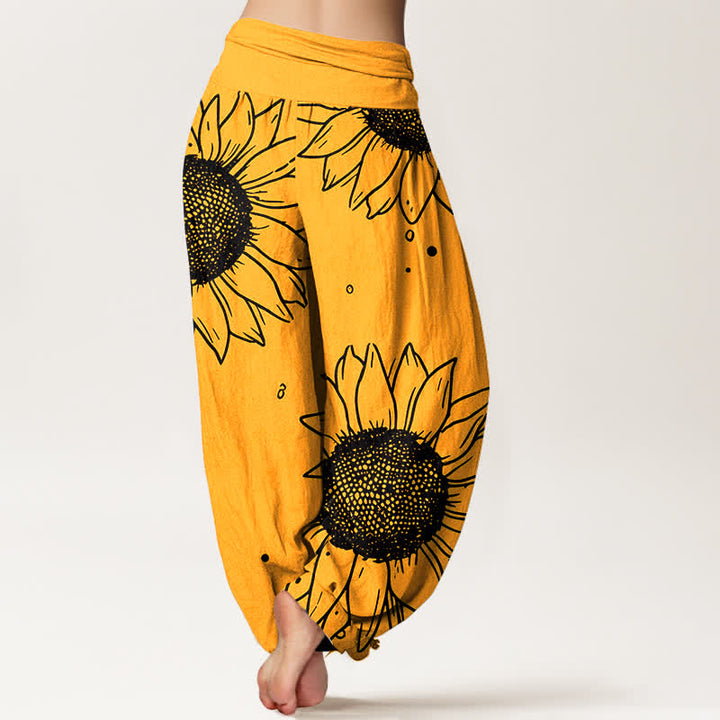 Buddha Stones Harembroek voor dames met elastische Taille en zonnebloemprint van 100% Cotton - image 1