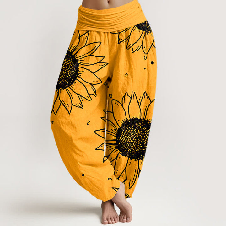 Buddha Stones Harembroek voor dames met elastische Taille en zonnebloemprint van 100% Cotton - Oranje - US16, UK/AU20, EU48 (3XL) - image 0