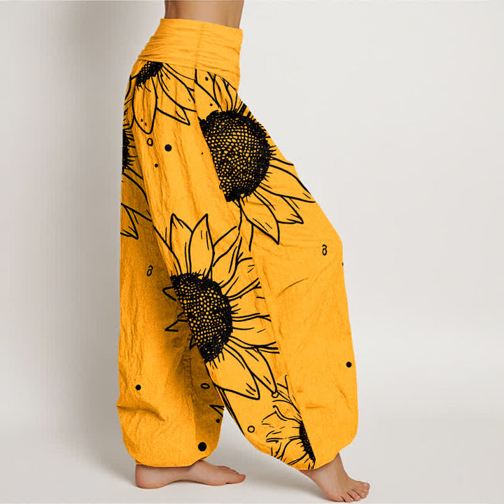 Buddha Stones Harembroek voor dames met elastische Taille en zonnebloemprint van 100% Cotton - image 2