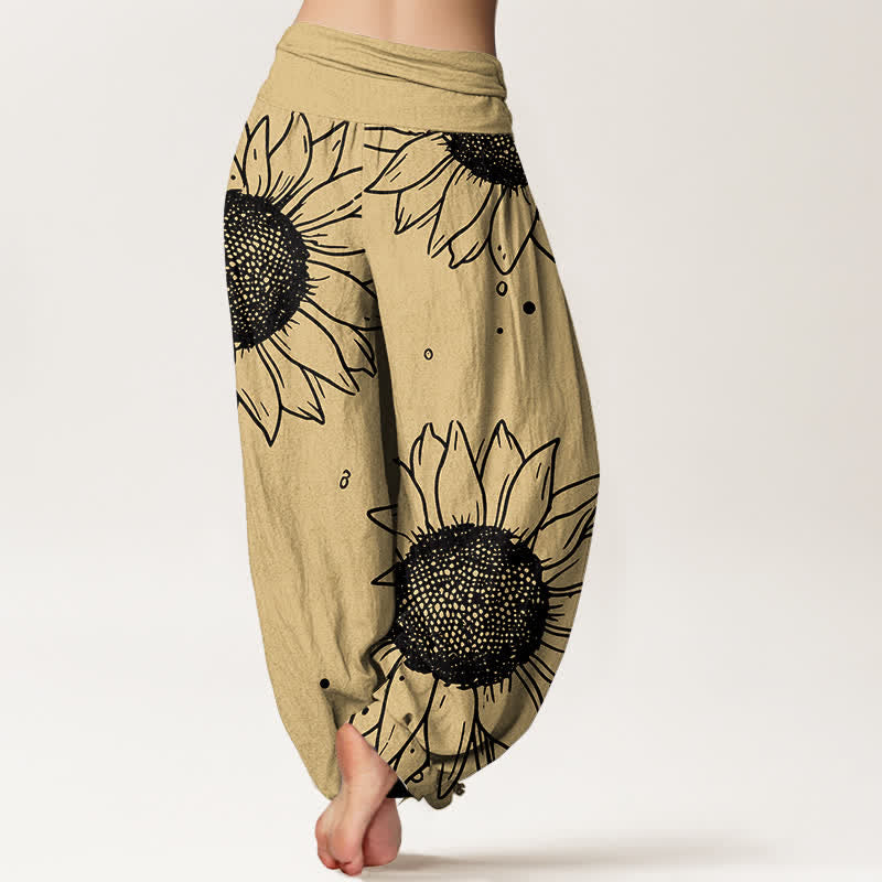 Buddha Stones Harembroek voor dames met elastische Taille en zonnebloemprint van 100% Cotton - image 6