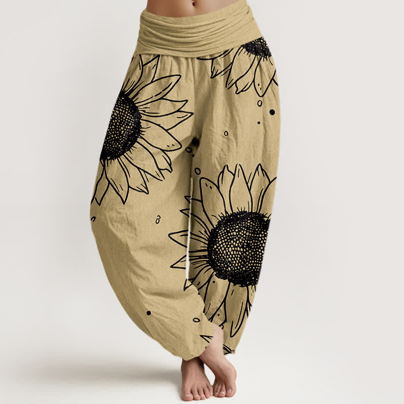 Buddha Stones Harembroek voor dames met elastische Taille en zonnebloemprint van 100% Cotton - Khaki - US16, UK/AU20, EU48 (3XL) - image 5