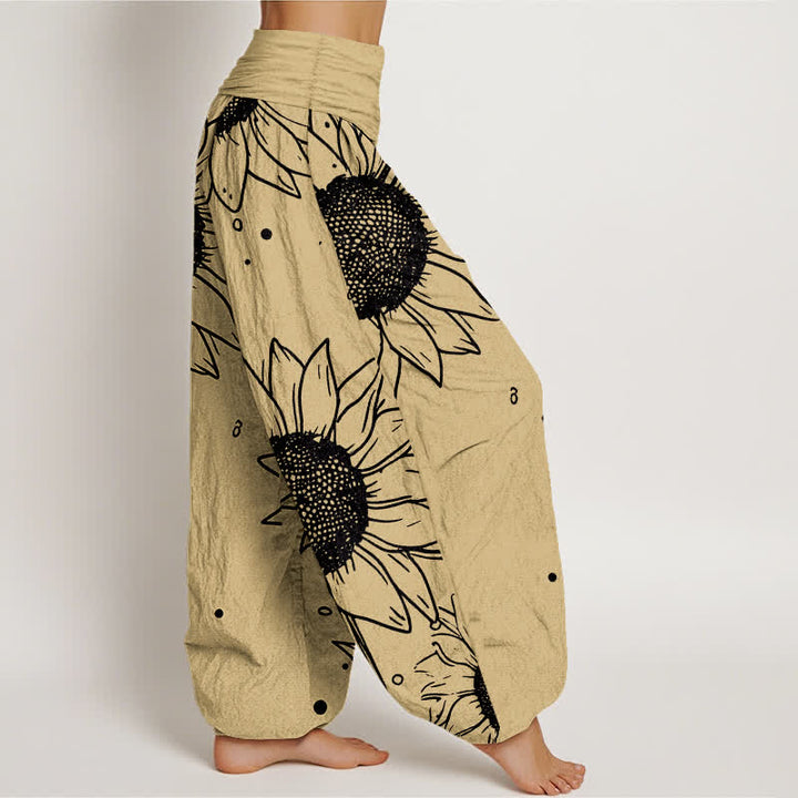 Buddha Stones Harembroek voor dames met elastische Taille en zonnebloemprint van 100% Cotton - image 7