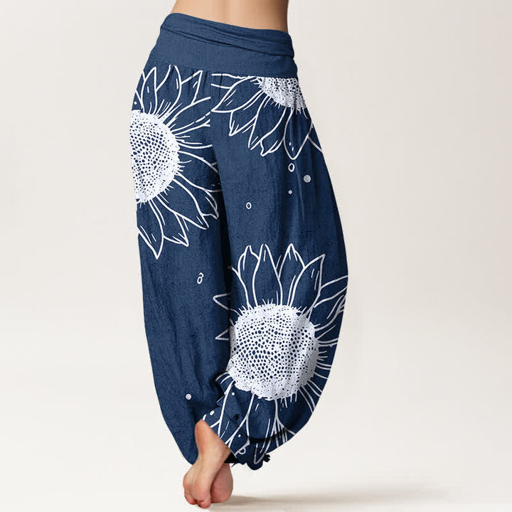 Buddha Stones Harembroek voor dames met elastische Taille en zonnebloemprint van 100% Cotton - image 9