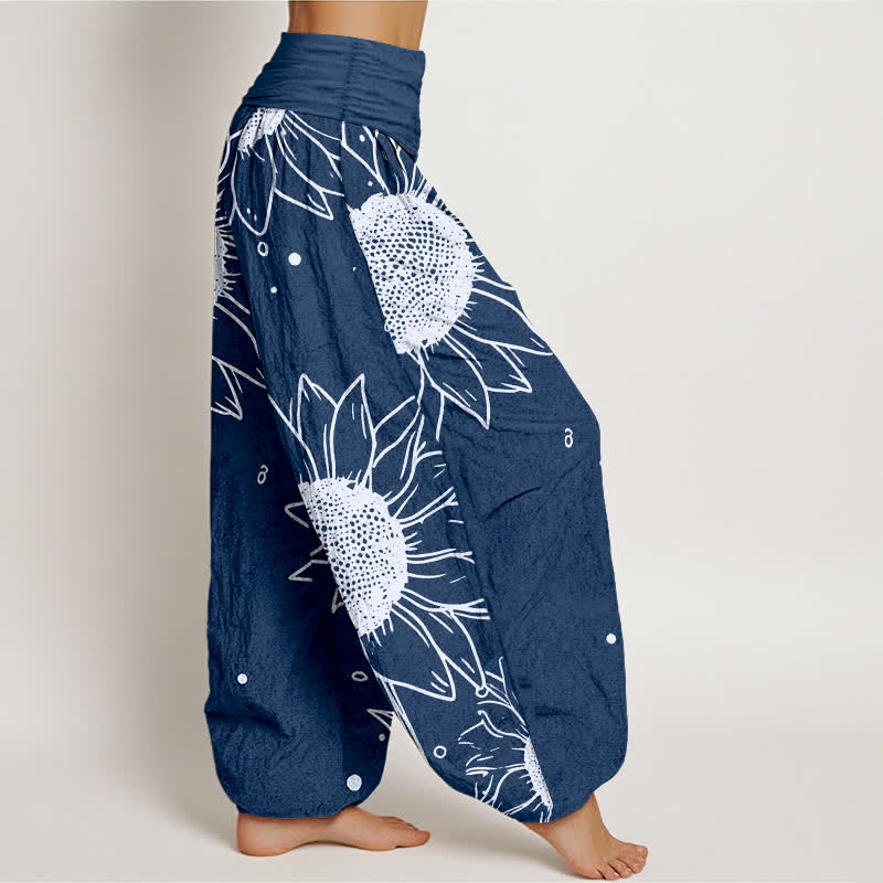 Buddha Stones Harembroek voor dames met elastische Taille en zonnebloemprint van 100% Cotton - image 10