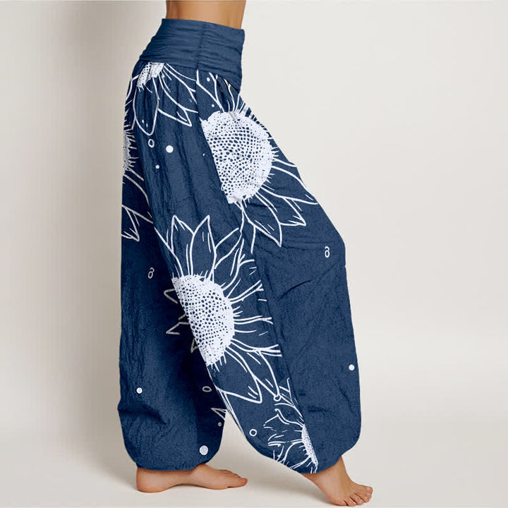 Buddha Stones Harembroek voor dames met elastische Taille en zonnebloemprint van 100% Cotton - image 10