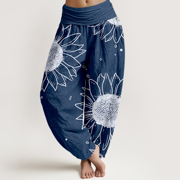 Buddha Stones Harembroek voor dames met elastische Taille en zonnebloemprint van 100% Cotton - Marine - US16, UK/AU20, EU48 (3XL) - image 8