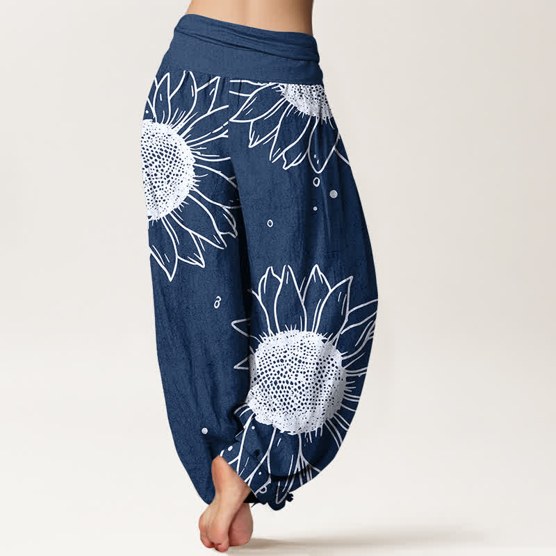 Buddha Stones Harembroek voor dames met elastische Taille en zonnebloemprint van 100% Cotton - image 9