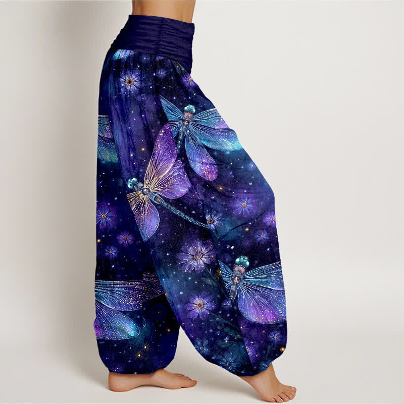 Buddha Stones Katoenen harembroek met dromerig libellen- en bloemenpatroon voor dames, elastische Taille - image 2