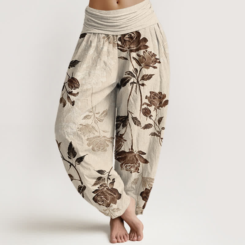 Buddha Stones Dames harembroek van katoen met vintage rozenpatroon en elastische Taille - Linnen - US16, UK/AU20, EU48 (3XL) - image 0