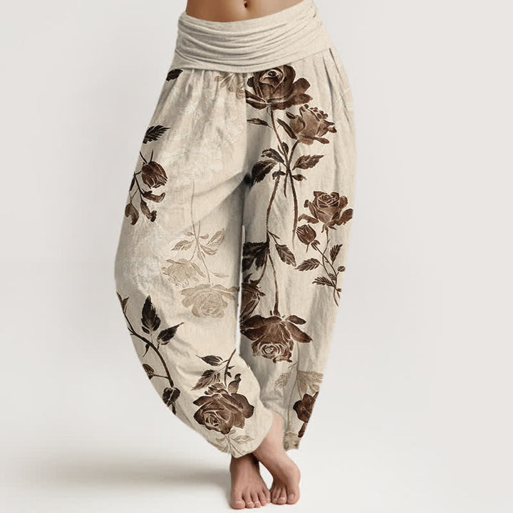 Buddha Stones Dames harembroek van katoen met vintage rozenpatroon en elastische Taille - Linnen - US16, UK/AU20, EU48 (3XL) - image 0