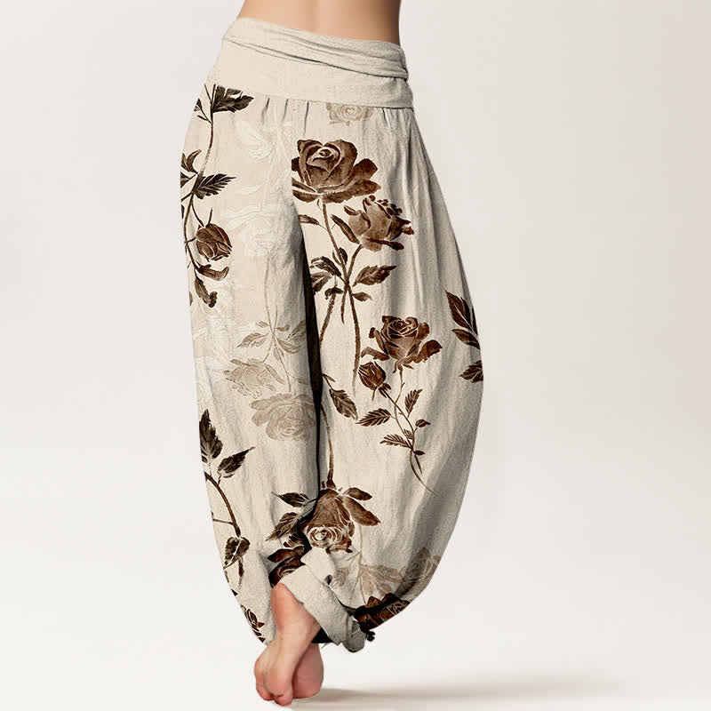Buddha Stones Dames harembroek van katoen met vintage rozenpatroon en elastische Taille - image 1
