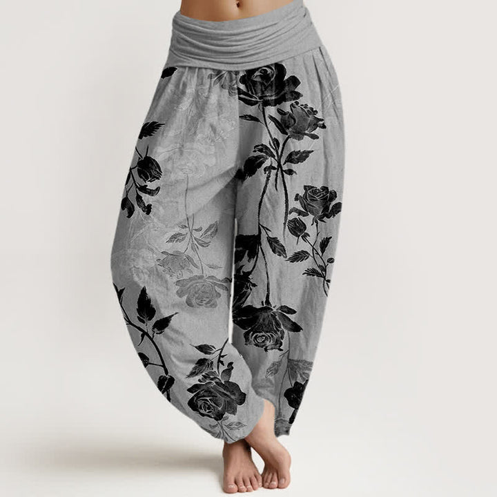 Buddha Stones Dames harembroek van katoen met vintage rozenpatroon en elastische Taille - Donkergrijs - US16, UK/AU20, EU48 (3XL) - image 5