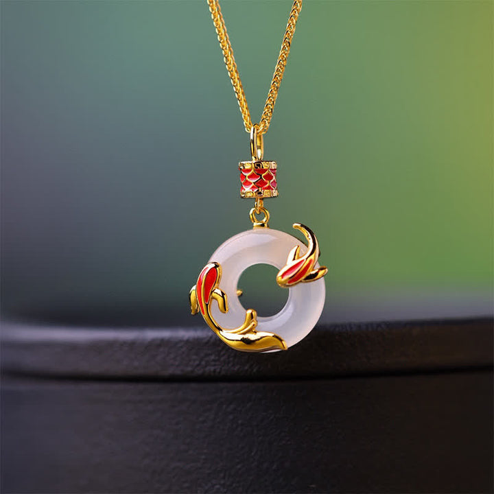 Buddha Stones Ronde Ketting met witte chalcedoon koi-vis succes vredesgesp - Witte chalcedoon (Harmonie♥Positief) - image 0