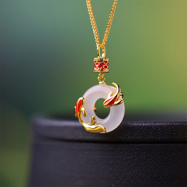 Buddha Stones Ronde Ketting met witte chalcedoon koi-vis succes vredesgesp - image 1