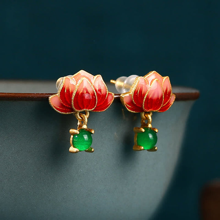 Buddha Stones Jade Lotus Emaille Gouden Hangende Oorbellen Nieuwe Beginnen - image 1