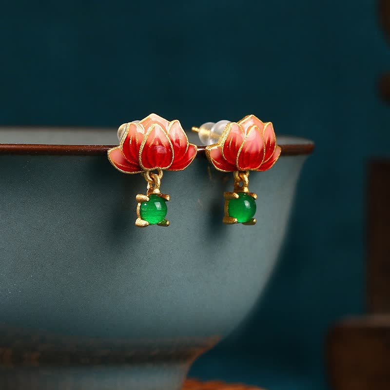 Buddha Stones Jade Lotus Emaille Gouden Hangende Oorbellen Nieuwe Beginnen - Lotus (Verlichting ♥ Nieuwe Beginnen) - Jade (Welvaart♥Geluk) - image 0