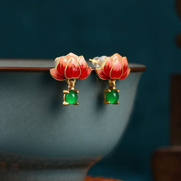 Buddha Stones Jade Lotus Emaille Gouden Hangende Oorbellen Nieuwe Beginnen - Lotus (Verlichting ♥ Nieuwe Beginnen) - Jade (Welvaart♥Geluk) - image 0
