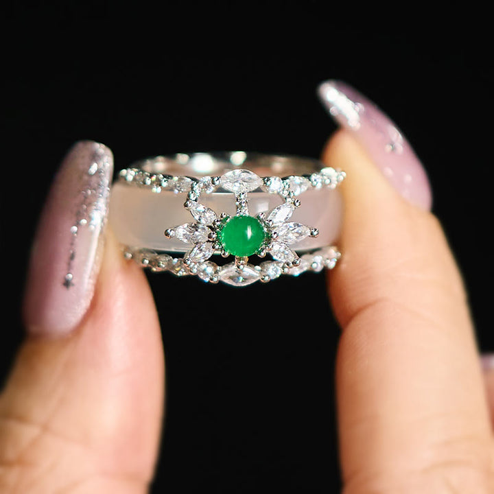 Buddha Stones Chalcedoon bloem groene zirkoon positieve Ring - image 9