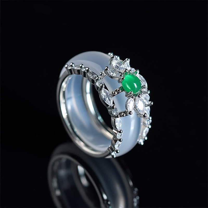 Buddha Stones Chalcedoon bloem groene zirkoon positieve Ring - Chalcedoon (VS 8) - image 0
