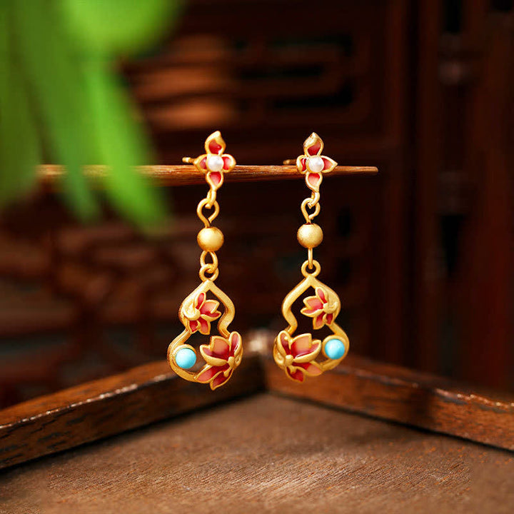 Buddha Stones Turquoise Cloisonné Lotus Kalebas Accent Verlichting Drop Oorbellen - Lotus (Verlichting ♥ Nieuwe Beginnen) - Koper (Harmonische verbinding ♥ Aarding) - image 0