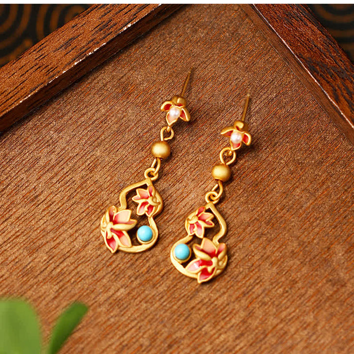 Buddha Stones Turquoise Cloisonné Lotus Kalebas Accent Verlichting Drop Oorbellen - image 1